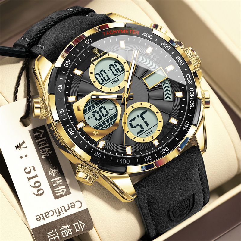 2026 New Arrival POEDAGAR Swiss-Inspired Men's Dual-Mode Watch Luminous Waterproof Leather Strap Chronograph Digital & Analog Display Business Casual Sports Wristwatch