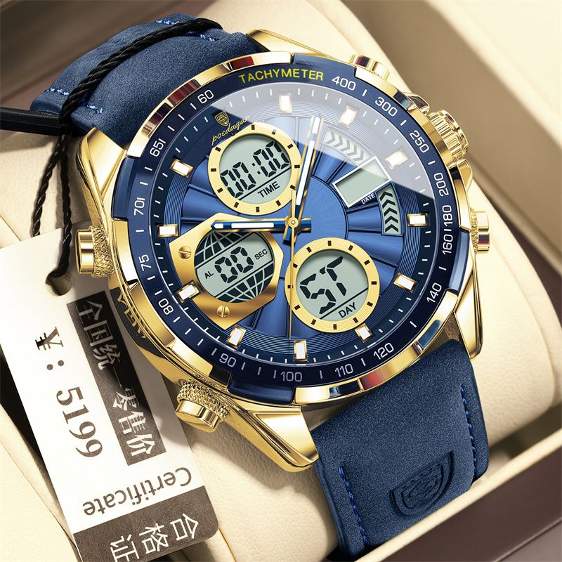 2026 New Arrival POEDAGAR Swiss-Inspired Men's Dual-Mode Watch Luminous Waterproof Leather Strap Chronograph Digital & Analog Display Business Casual Sports Wristwatch