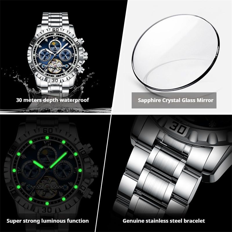 2026 New Arrival POEDAGAR Men's Luxury Swiss Brand Top Grade Quality Tourbillon Mechanical Watch Multifunctional Luminous Waterproof Stainless Steel Band Wristwatch