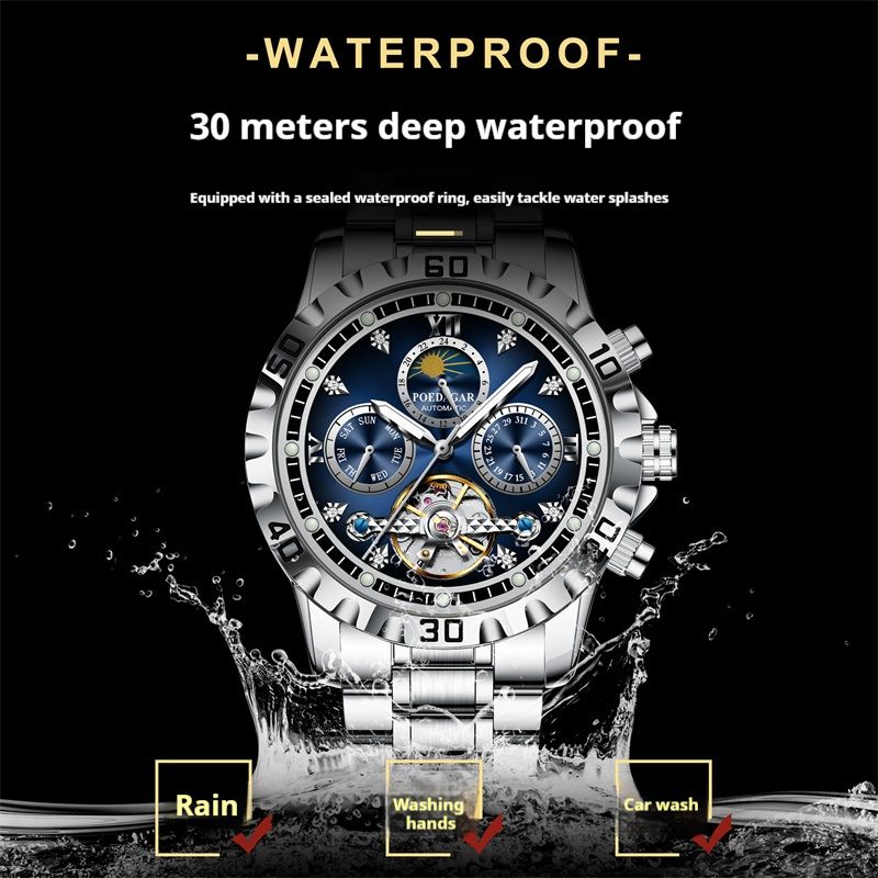 2026 New Arrival POEDAGAR Men's Luxury Swiss Brand Top Grade Quality Tourbillon Mechanical Watch Multifunctional Luminous Waterproof Stainless Steel Band Wristwatch
