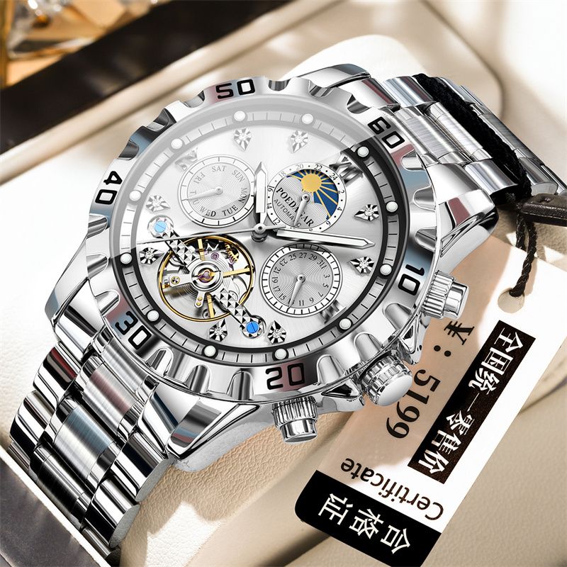 2026 New Arrival POEDAGAR Men's Luxury Swiss Brand Top Grade Quality Tourbillon Mechanical Watch Multifunctional Luminous Waterproof Stainless Steel Band Wristwatch