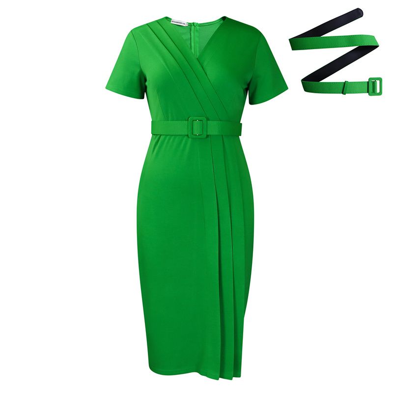 2025 Women's Office Dress Set - Afro-Chic V-Neck Pencil Skirt with Adjustable Belt Stretch Fabric Waist Slimming Midi Dress for Work/Commute/Party (Lotus Pink/Dark Blue/Green)