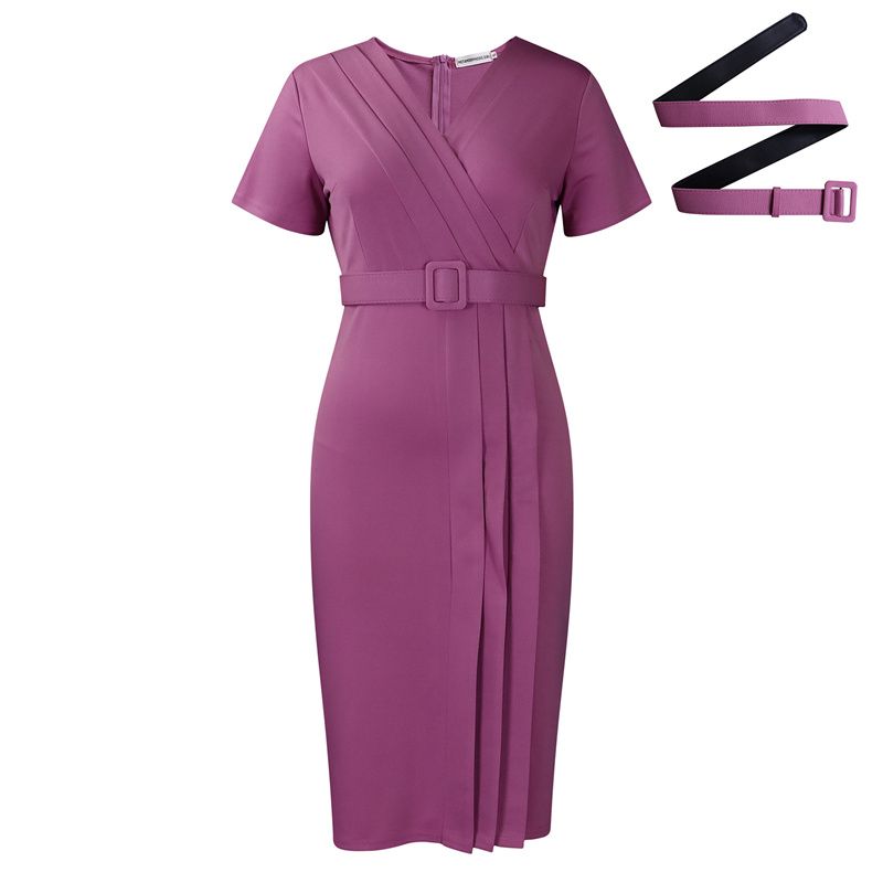2025 Women's Office Dress Set - Afro-Chic V-Neck Pencil Skirt with Adjustable Belt Stretch Fabric Waist Slimming Midi Dress for Work/Commute/Party (Lotus Pink/Dark Blue/Green)