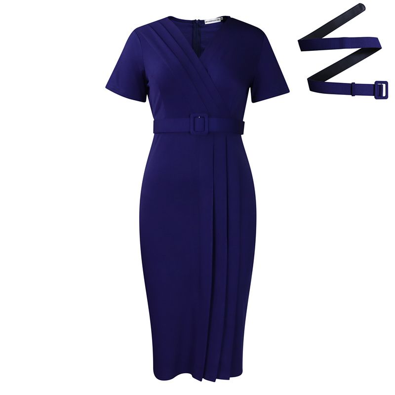 2025 Women's Office Dress Set - Afro-Chic V-Neck Pencil Skirt with Adjustable Belt Stretch Fabric Waist Slimming Midi Dress for Work/Commute/Party (Lotus Pink/Dark Blue/Green)