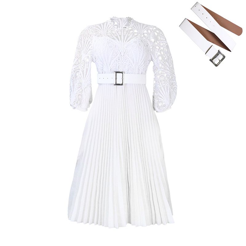 African Elegant Office & Banquet Dress Slimming Lace Crochet Pleated Skirt Large Size High Waist Belt Design Cultural Fusion Formal Attire