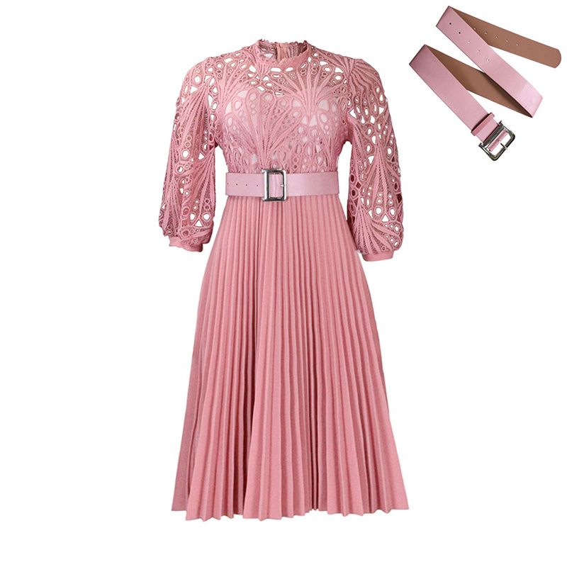 African Elegant Office & Banquet Dress Slimming Lace Crochet Pleated Skirt Large Size High Waist Belt Design Cultural Fusion Formal Attire