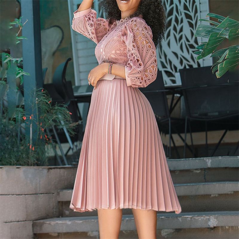 African Elegant Office & Banquet Dress Slimming Lace Crochet Pleated Skirt Large Size High Waist Belt Design Cultural Fusion Formal Attire