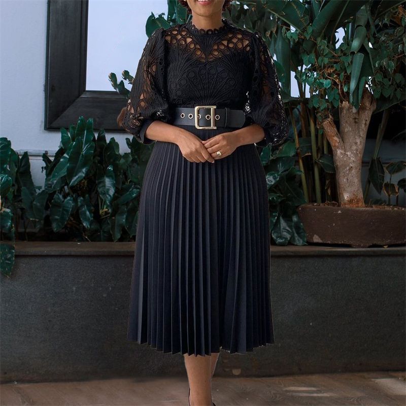 African Elegant Office & Banquet Dress Slimming Lace Crochet Pleated Skirt Large Size High Waist Belt Design Cultural Fusion Formal Attire