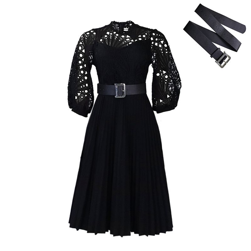 African Elegant Office & Banquet Dress Slimming Lace Crochet Pleated Skirt Large Size High Waist Belt Design Cultural Fusion Formal Attire
