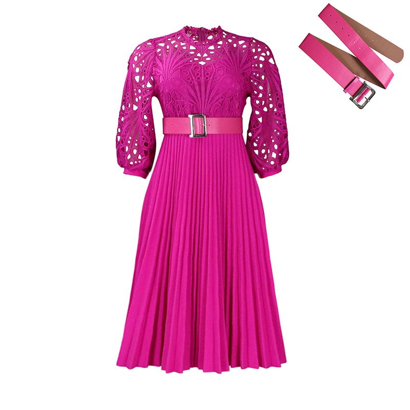 African Elegant Office & Banquet Dress Slimming Lace Crochet Pleated Skirt Large Size High Waist Belt Design Cultural Fusion Formal Attire