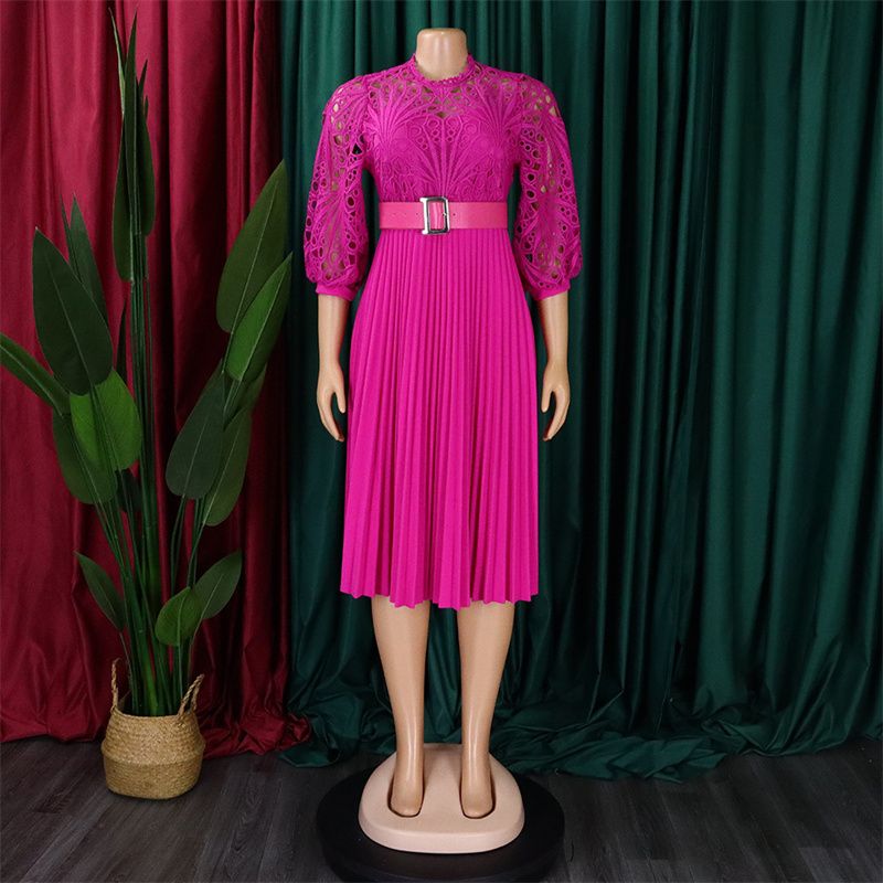 African Elegant Office & Banquet Dress Slimming Lace Crochet Pleated Skirt Large Size High Waist Belt Design Cultural Fusion Formal Attire