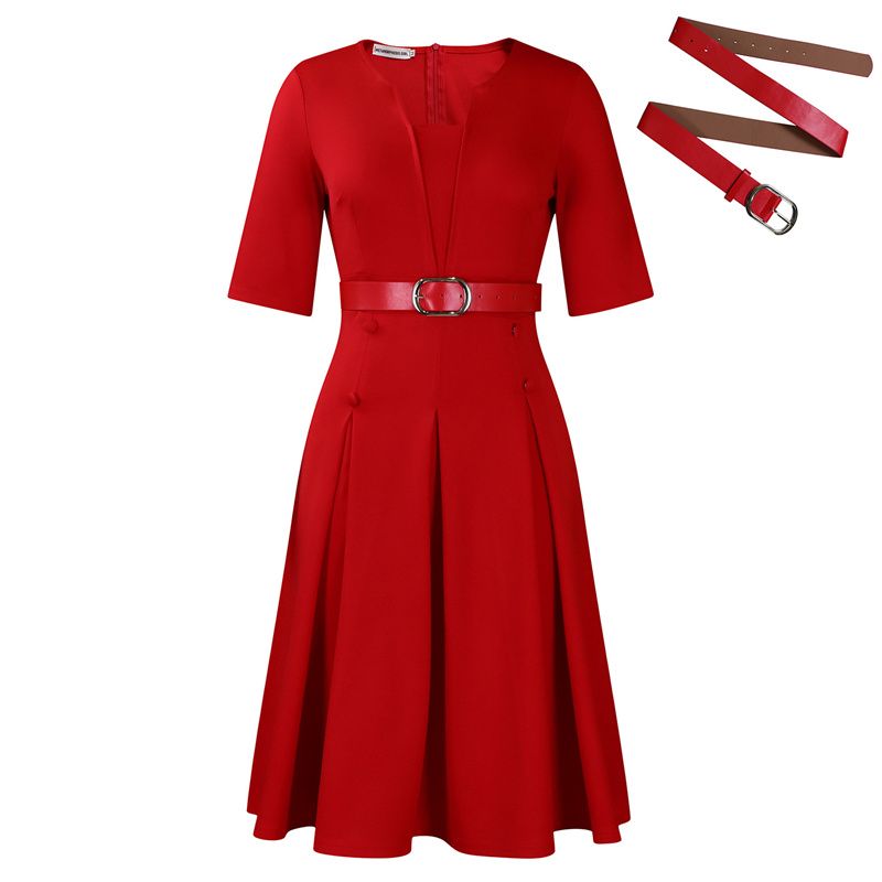 European and American Plus Size Women's Clothing Autumn Fashion Elegant Temperament Solid Color Five Quarter Sleeved African Female Skirt Office Lady Dresses with Belt Evening Banquet Dress