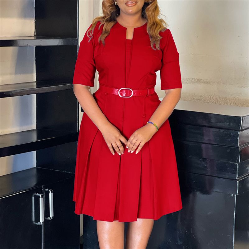 European and American Plus Size Women's Clothing Autumn Fashion Elegant Temperament Solid Color Five Quarter Sleeved African Female Skirt Office Lady Dresses with Belt Evening Banquet Dress