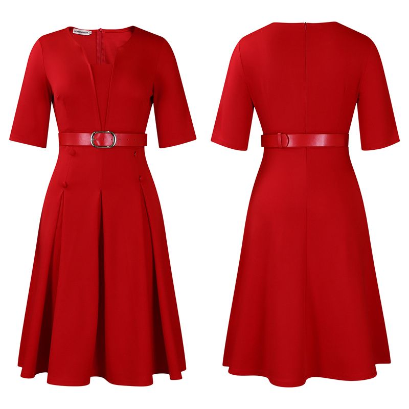European and American Plus Size Women's Clothing Autumn Fashion Elegant Temperament Solid Color Five Quarter Sleeved African Female Skirt Office Lady Dresses with Belt Evening Banquet Dress