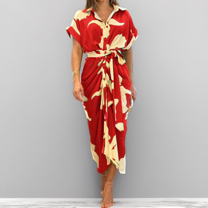 2025 New African Popular Women's Dress Printed Lapel Short Sleeved High Waisted Long Shirt Skirt Fashionable Versatile Lace-up Commuter Lady Dresses