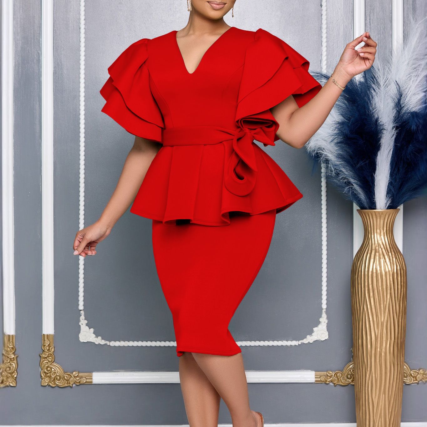 2025 African Women's Elegant Evening Dresses - Ruffle Hem Bodycon Dress for Weddings & Parties, Breathable Slim-Fit Skirt with Vibrant Solid Colors (Plus Size Ready)