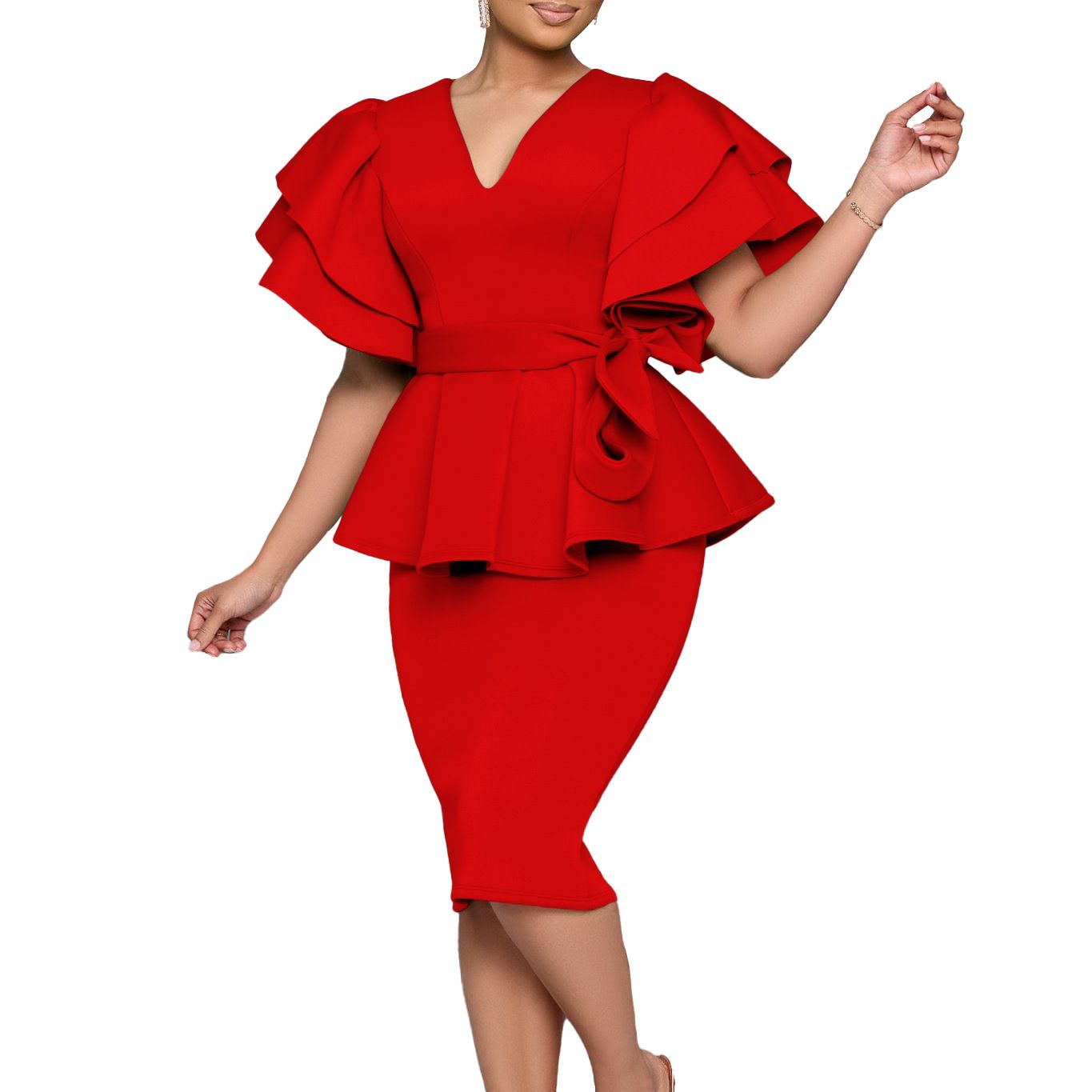 2025 African Women's Elegant Evening Dresses - Ruffle Hem Bodycon Dress for Weddings & Parties, Breathable Slim-Fit Skirt with Vibrant Solid Colors (Plus Size Ready)