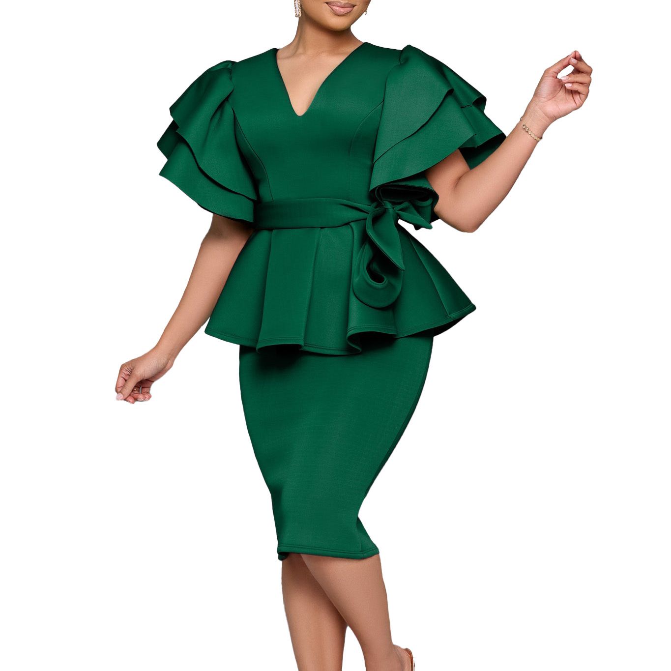 2025 African Women's Elegant Evening Dresses - Ruffle Hem Bodycon Dress for Weddings & Parties, Breathable Slim-Fit Skirt with Vibrant Solid Colors (Plus Size Ready)
