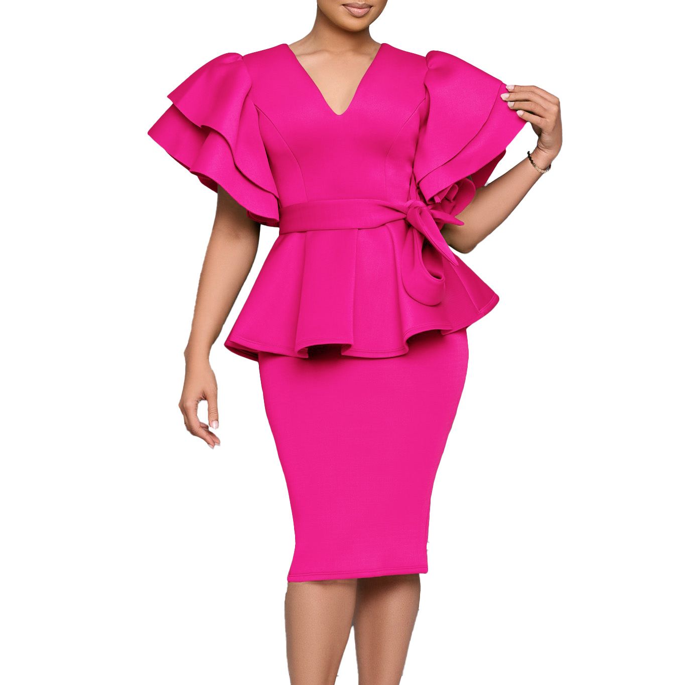 2025 African Women's Elegant Evening Dresses - Ruffle Hem Bodycon Dress for Weddings & Parties, Breathable Slim-Fit Skirt with Vibrant Solid Colors (Plus Size Ready)