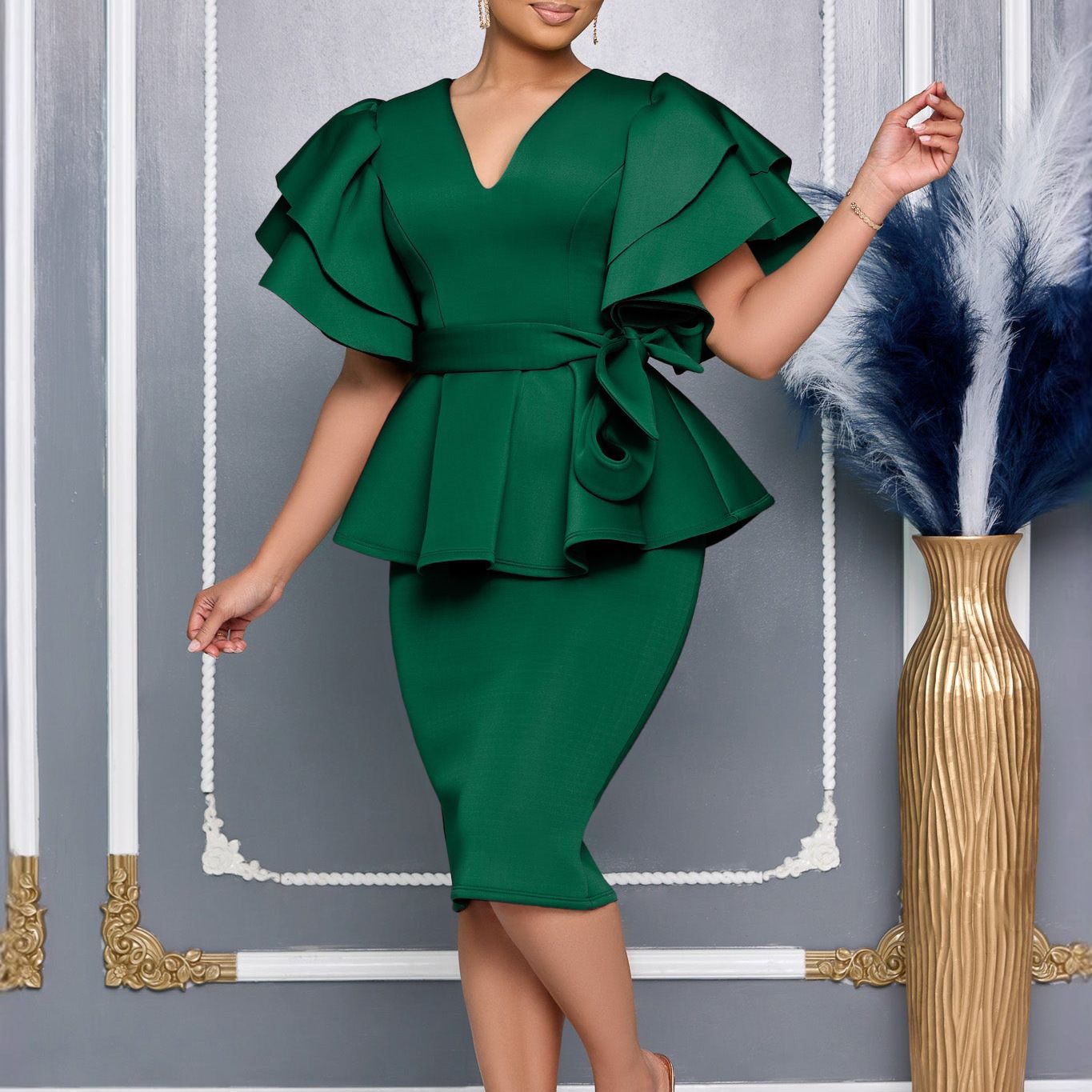 2025 African Women's Elegant Evening Dresses - Ruffle Hem Bodycon Dress for Weddings & Parties, Breathable Slim-Fit Skirt with Vibrant Solid Colors (Plus Size Ready)
