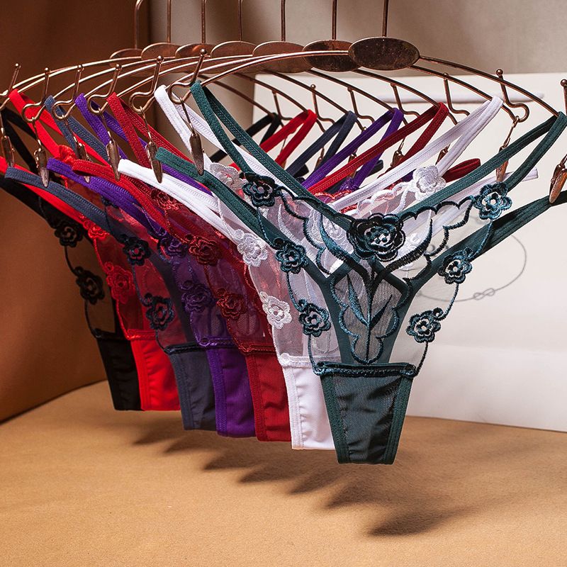 5pcs/set European and American Sexy Embroidered Women's Thong Transparent Mesh Thin Belt Temptation Seamless Underwear Large Size Ladies Hot T Panties