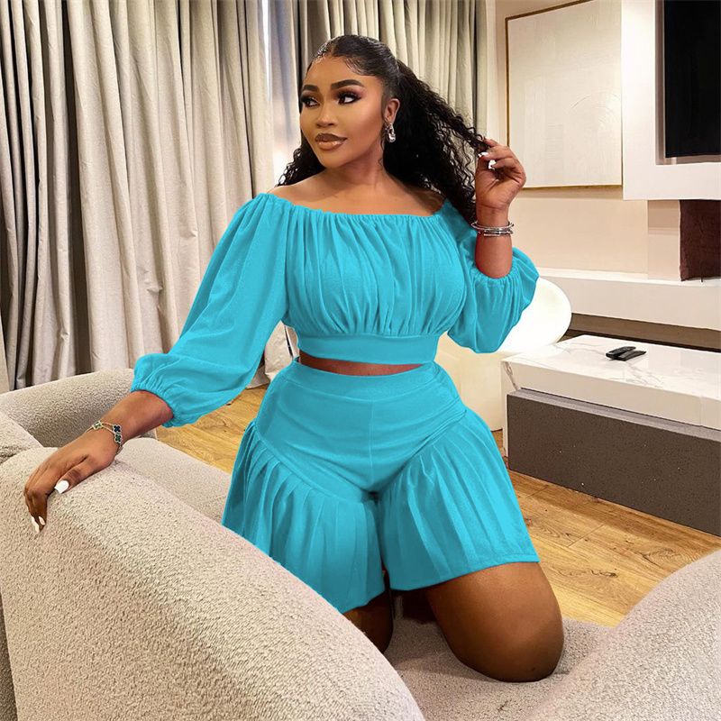 African Plus Size 2-Piece Set 2025 - One-Shoulder Pleated Top & Gathered Waist Palazzo Pants, Breathable Tropical Outfit for Casual/Banquet (Vibrant )
