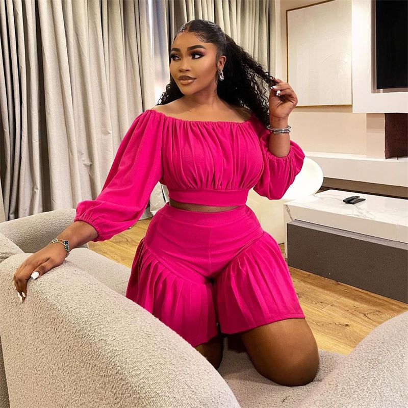 African Plus Size 2-Piece Set 2025 - One-Shoulder Pleated Top & Gathered Waist Palazzo Pants, Breathable Tropical Outfit for Casual/Banquet (Vibrant )