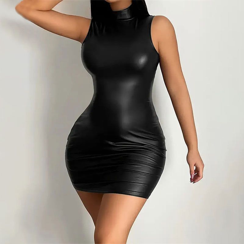 2025 Women's PU Leather Bodycon Dress - Slim-Fit Midi Skirt with Stretch Waist, Tropical-Adapted Faux Leather for Casual/Party Wear (Black, African Sizing)
