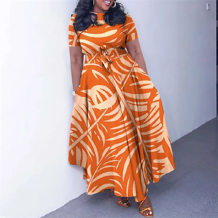 New Fashion Women's Print Maxi Dresses with Adjustable Waistband - Flowy A-Line Skirt , Boho Chic Style Ladies Dress, Perfect for Parties Weddings & Daily Wear (Vibrant Colors, Tropical Climate Ready)