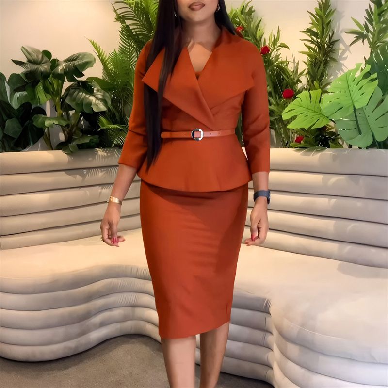 New Fashion African Power Dressing Women's Dress - Belted Waist Contoured Pencil Skirt with Oversized Lapel for Modern Office Lady