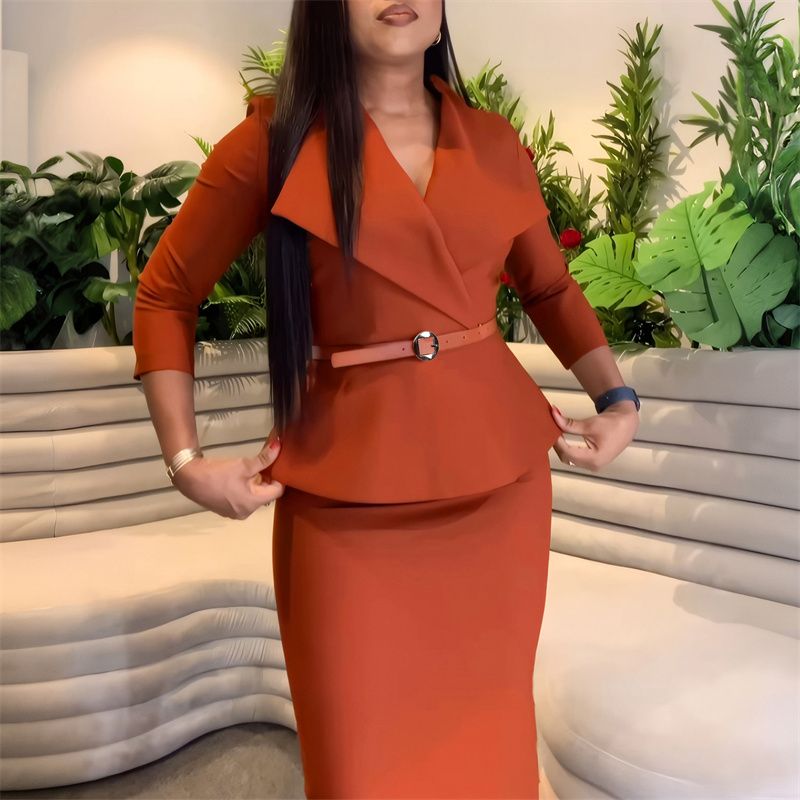 New Fashion African Power Dressing Women's Dress - Belted Waist Contoured Pencil Skirt with Oversized Lapel for Modern Office Lady
