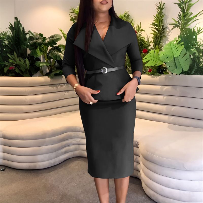 New Fashion African Power Dressing Women's Dress - Belted Waist Contoured Pencil Skirt with Oversized Lapel for Modern Office Lady