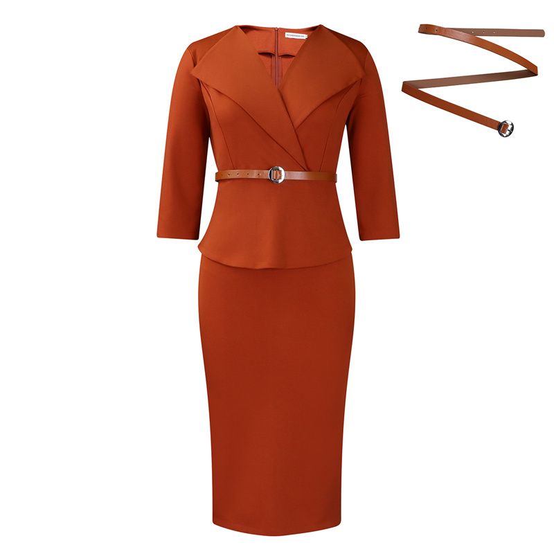 New Fashion African Power Dressing Women's Dress - Belted Waist Contoured Pencil Skirt with Oversized Lapel for Modern Office Lady