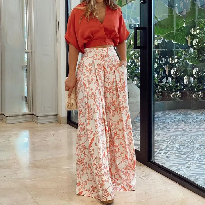 2025 Trendy Women's Outfits: V-Neck Slimming Crop Top & High-Waisted Wide-Leg Pants Set | Printed Business Casual Suits for Elegant Women