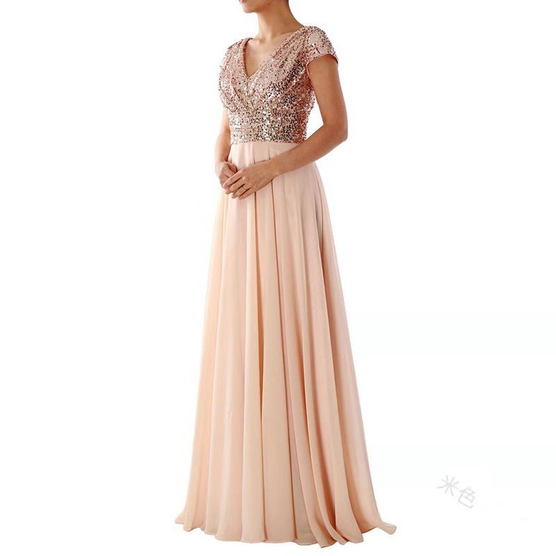 2025 Summer Luxury V-Neck Evening Gown - Sequin Embroidery & Sheer Chiffon Spliced Maxi Dress for Red Carpet