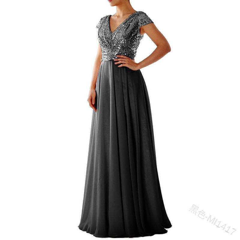 2025 Summer Luxury V-Neck Evening Gown - Sequin Embroidery & Sheer Chiffon Spliced Maxi Dress for Red Carpet