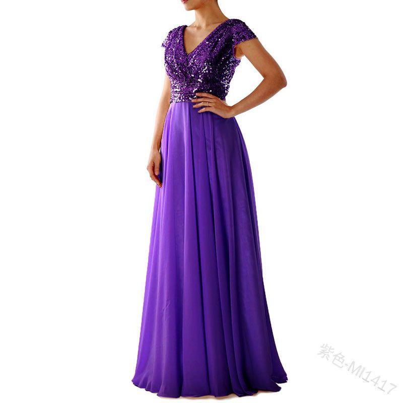 2025 Summer Luxury V-Neck Evening Gown - Sequin Embroidery & Sheer Chiffon Spliced Maxi Dress for Red Carpet