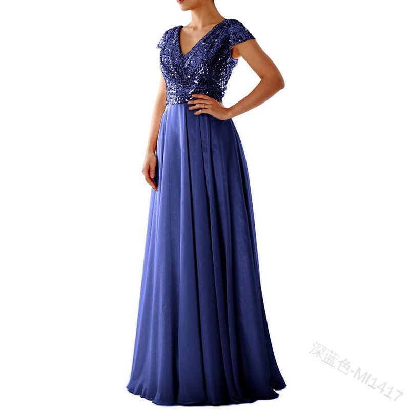 2025 Summer Luxury V-Neck Evening Gown - Sequin Embroidery & Sheer Chiffon Spliced Maxi Dress for Red Carpet