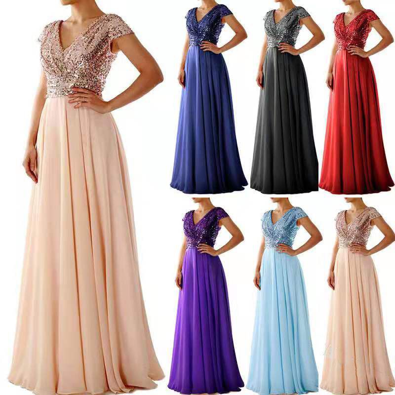 2025 Summer Luxury V-Neck Evening Gown - Sequin Embroidery & Sheer Chiffon Spliced Maxi Dress for Red Carpet