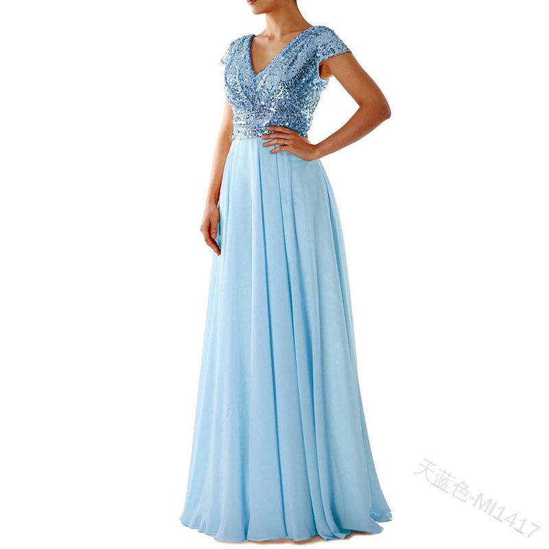 2025 Summer Luxury V-Neck Evening Gown - Sequin Embroidery & Sheer Chiffon Spliced Maxi Dress for Red Carpet