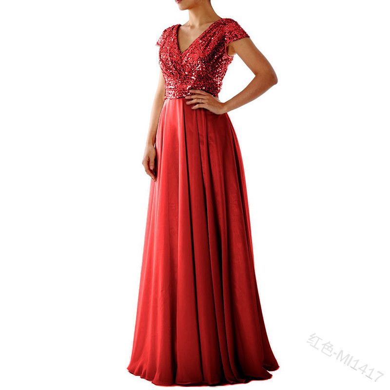 2025 Summer Luxury V-Neck Evening Gown - Sequin Embroidery & Sheer Chiffon Spliced Maxi Dress for Red Carpet