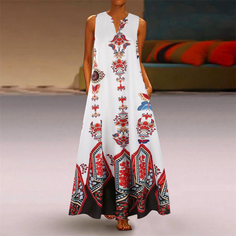 New Fashion Women's Retro Printed V-Neck Sleeveless Maxi Dress with Pockets | Summer Loose Fit Flowy Floor-Length Design | Breathable & Slimming
