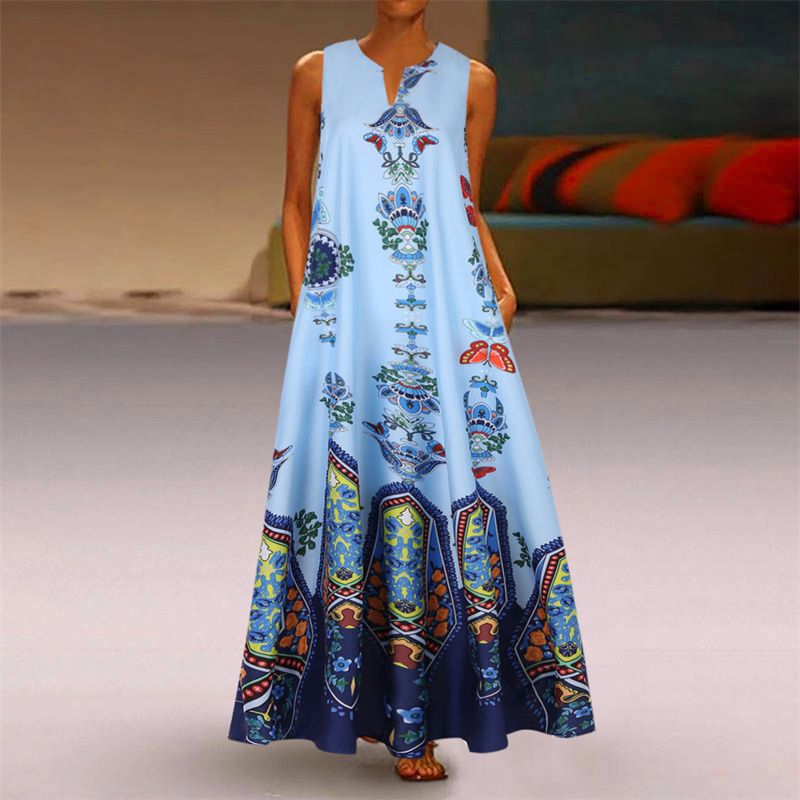 New Fashion Women's Retro Printed V-Neck Sleeveless Maxi Dress with Pockets | Summer Loose Fit Flowy Floor-Length Design | Breathable & Slimming