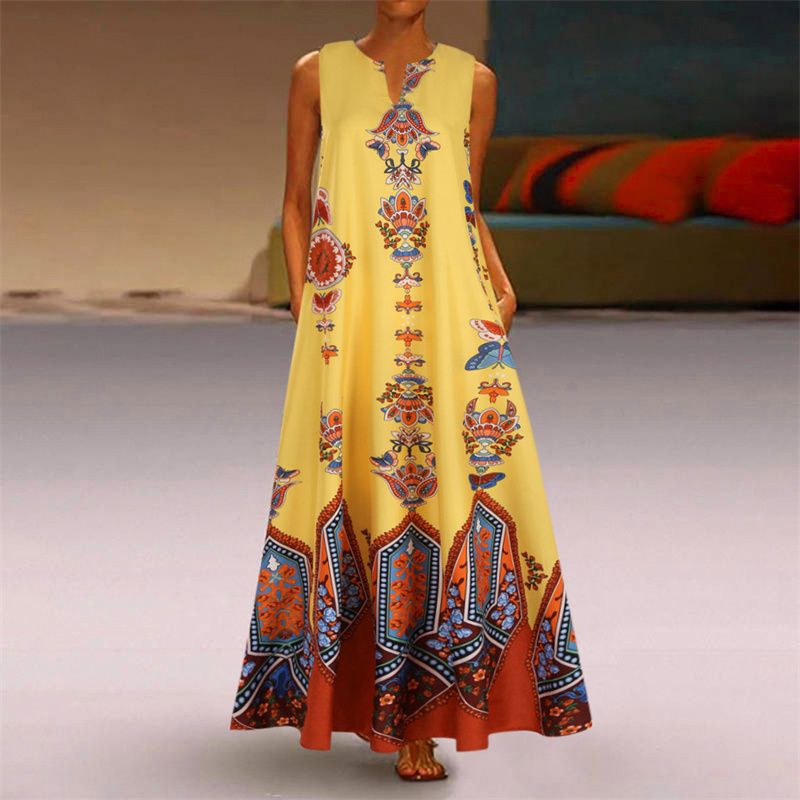New Fashion Women's Retro Printed V-Neck Sleeveless Maxi Dress with Pockets | Summer Loose Fit Flowy Floor-Length Design | Breathable & Slimming