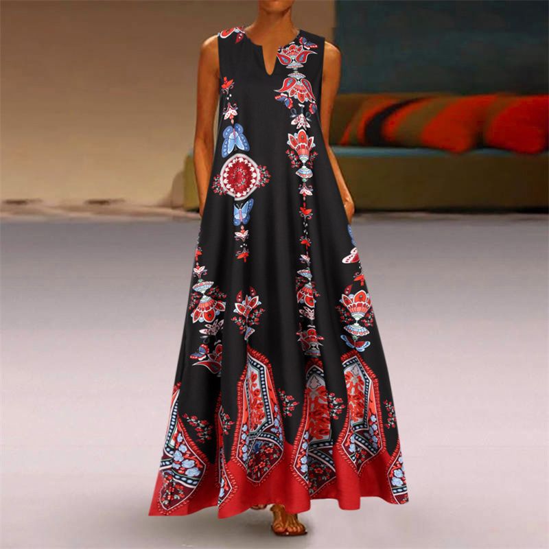 New Fashion Women's Retro Printed V-Neck Sleeveless Maxi Dress with Pockets | Summer Loose Fit Flowy Floor-Length Design | Breathable & Slimming