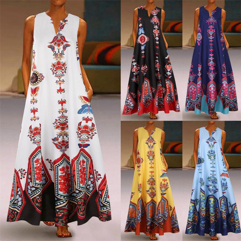 New Fashion Women's Retro Printed V-Neck Sleeveless Maxi Dress with Pockets | Summer Loose Fit Flowy Floor-Length Design | Breathable & Slimming