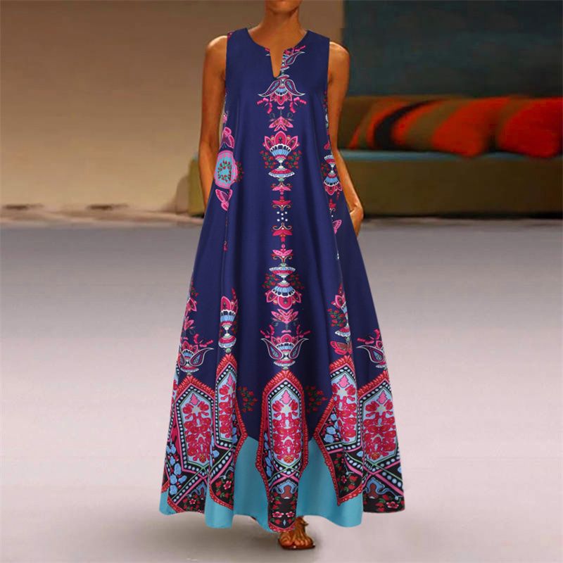 New Fashion Women's Retro Printed V-Neck Sleeveless Maxi Dress with Pockets | Summer Loose Fit Flowy Floor-Length Design | Breathable & Slimming