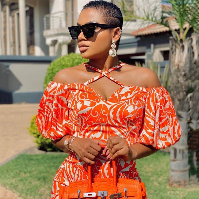 2025 Trendy Printed Maxi Dress | Halter Neck V-Neck Tube Top Design with High Slit | Breathable & Slimming African Fashion Ladies Long Skirt