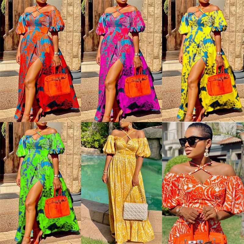 2025 Trendy Printed Maxi Dress | Halter Neck V-Neck Tube Top Design with High Slit | Breathable & Slimming African Fashion Ladies Long Skirt