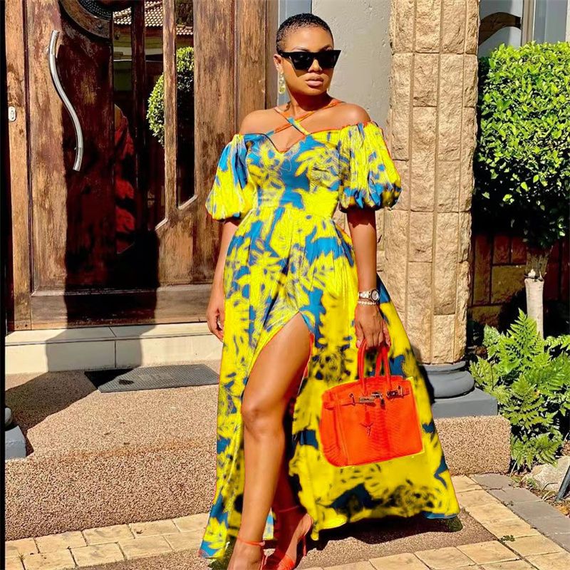 2025 Trendy Printed Maxi Dress | Halter Neck V-Neck Tube Top Design with High Slit | Breathable & Slimming African Fashion Ladies Long Skirt